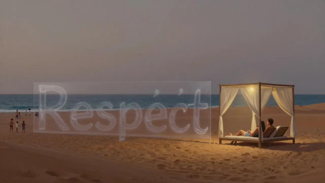 Private cabana on beach separated from public area by invisible barrier shaped like Arabic script.