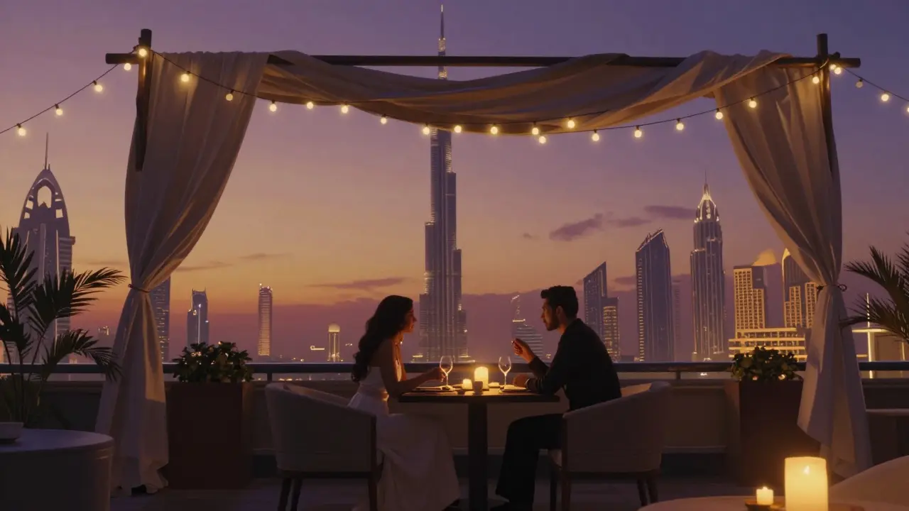 Romantic couple dining on a luxury Dubai rooftop at sunset with Burj Khalifa in the distance.