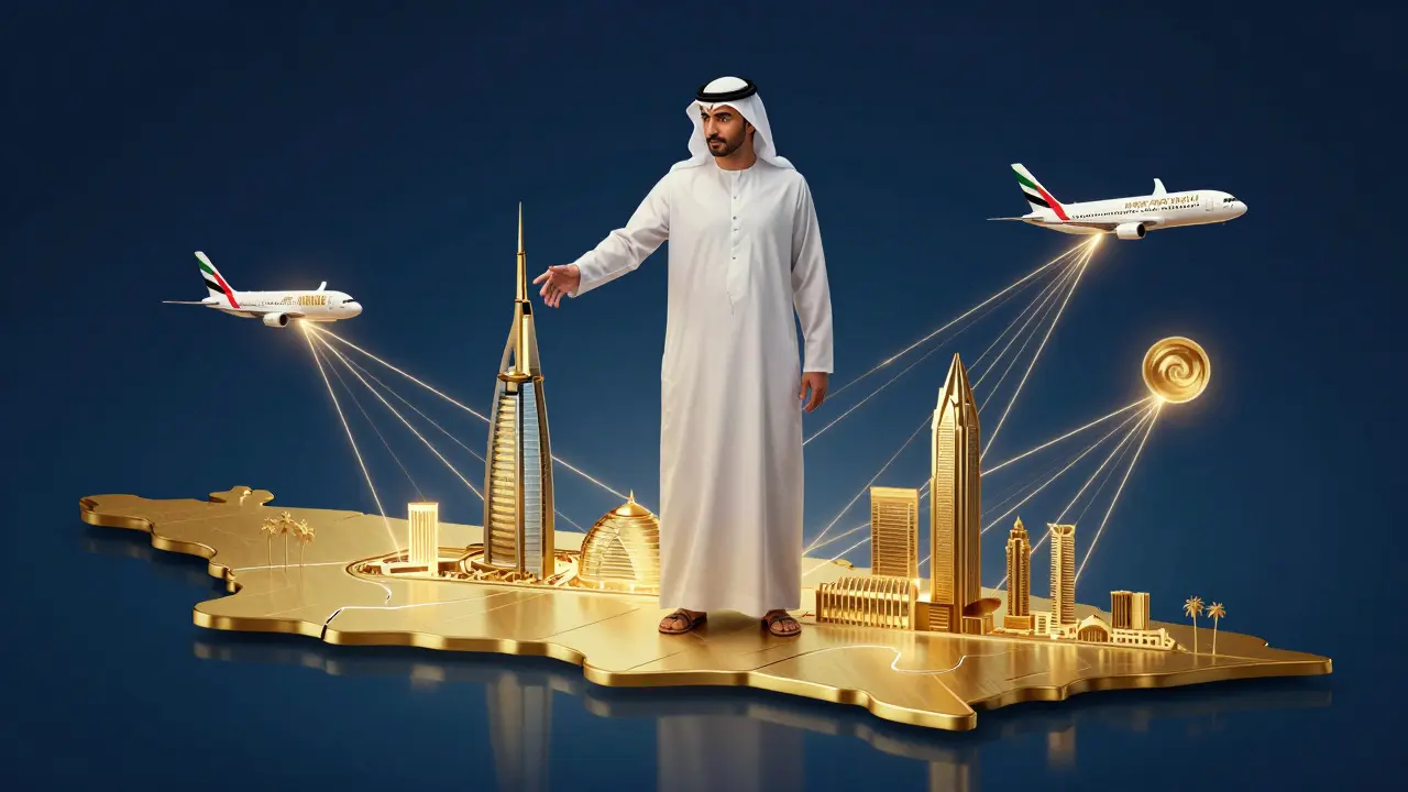 Silhouetted figure atop a map of Dubai, guiding glowing threads to iconic landmarks under a starry sky.
