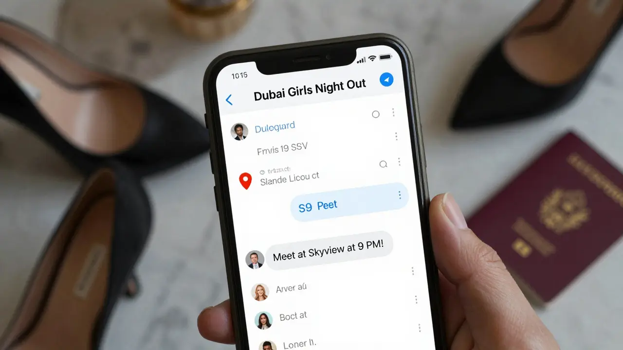 Smartphone screen showing a Telegram group chat with location pins and plans for a night out in Dubai.