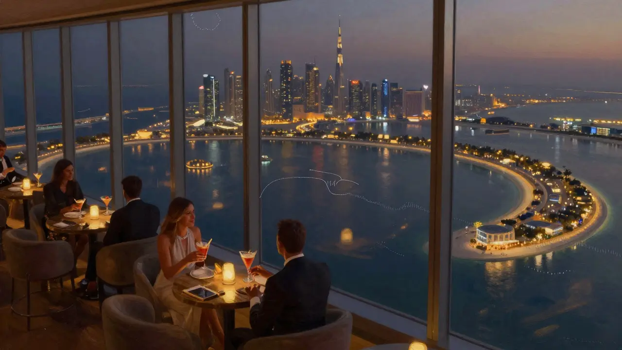 Sophisticated guests enjoying cocktails at a high-rise lounge with Dubai skyline below.