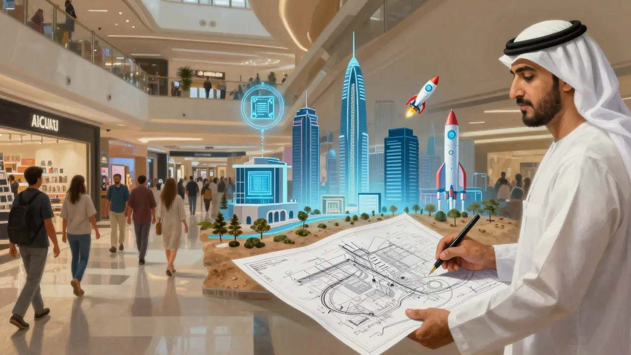 Split scene: lively mall on one side, invisible hand holding city blueprints with tech icons rising on the other.