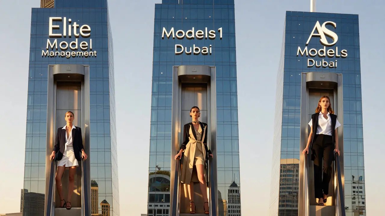 Three elite modeling agencies in Dubai represented as glass skyscrapers with models ascending.