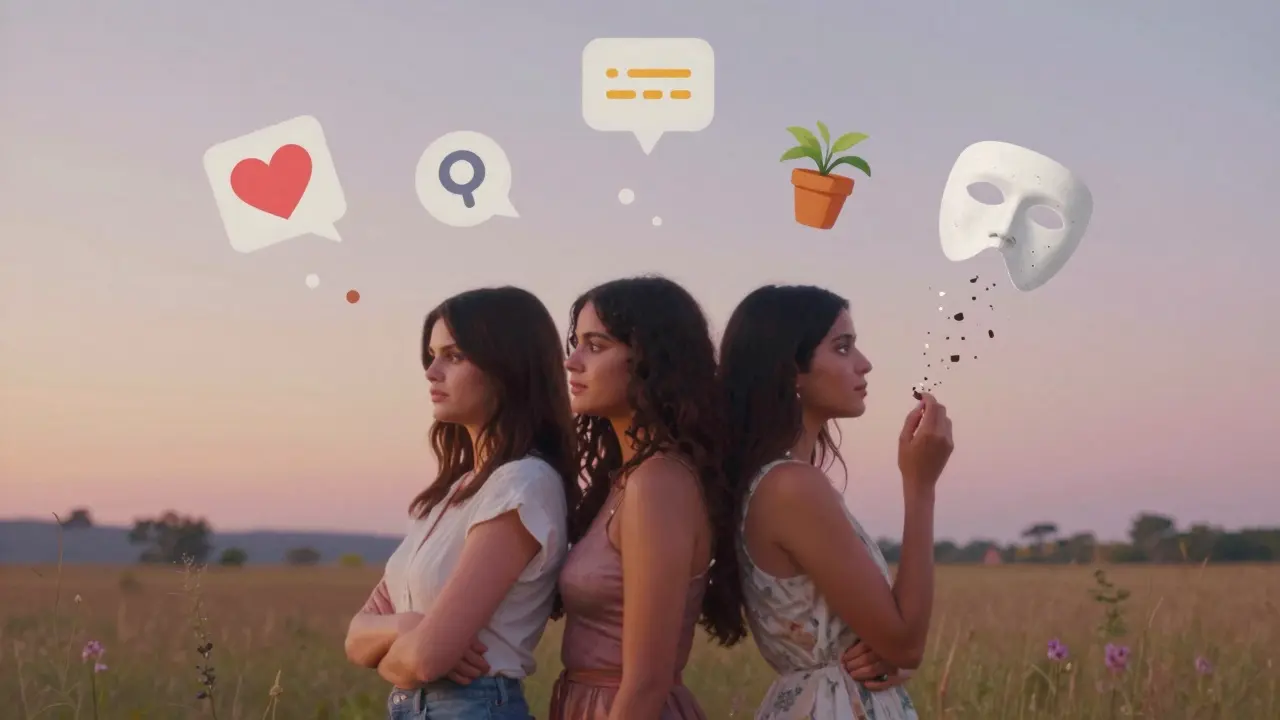 Three women standing together as digital symbols of authenticity float around them, representing modern influence.