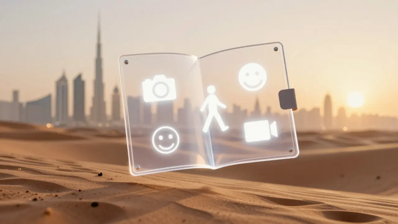 Transparent digital portfolio floating over desert dunes with icons representing modeling skills.