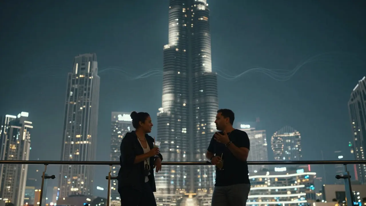 Two people chatting at Level 43 rooftop, overlooking Burj Khalifa under calm city lights.