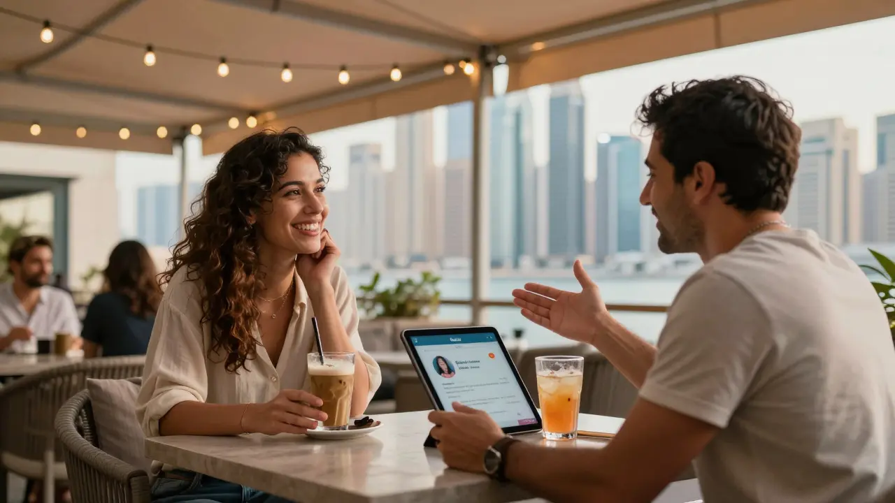 Two people enjoy drinks at a Dubai café, laughing under string lights with the city skyline behind them.