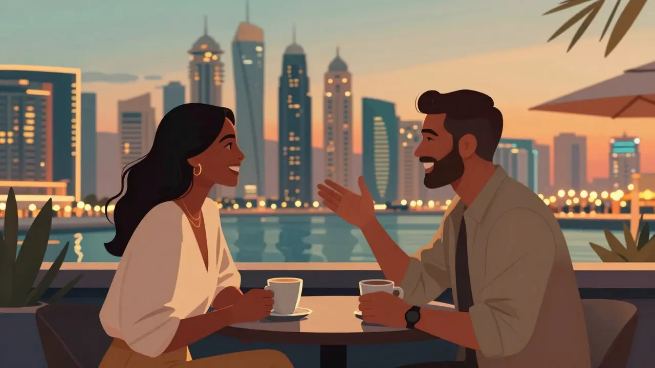 Two people share a warm conversation at a rooftop lounge in Dubai Marina as the sun sets behind the city skyline.