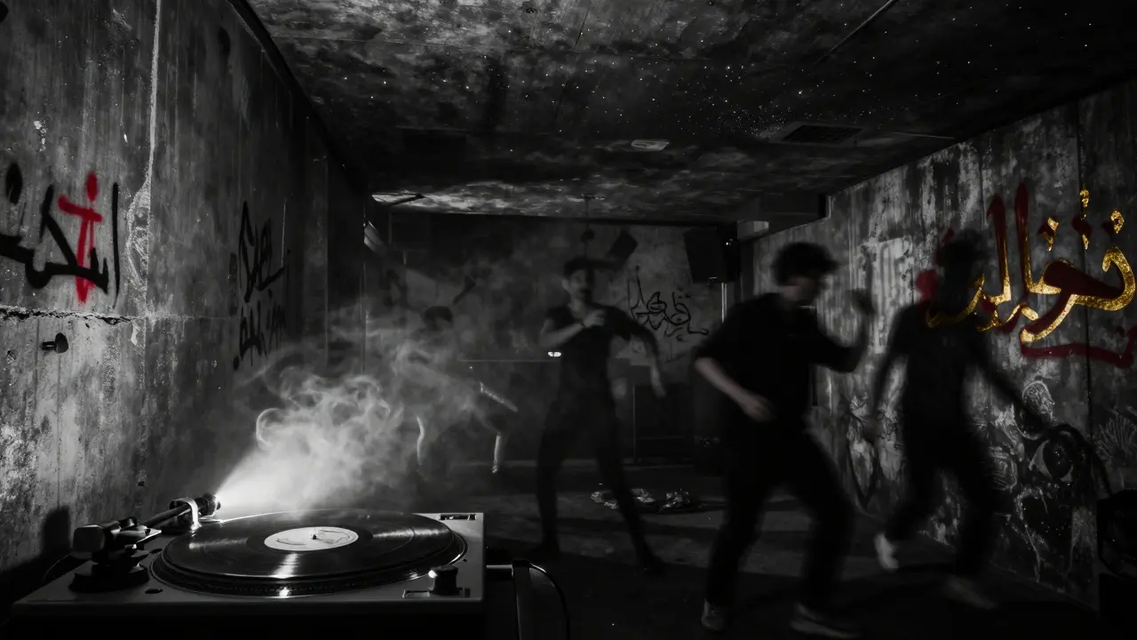 Underground club basement with spotlight on vinyl turntable, shadows of dancers, star reflections on ceiling, moody atmosphere.