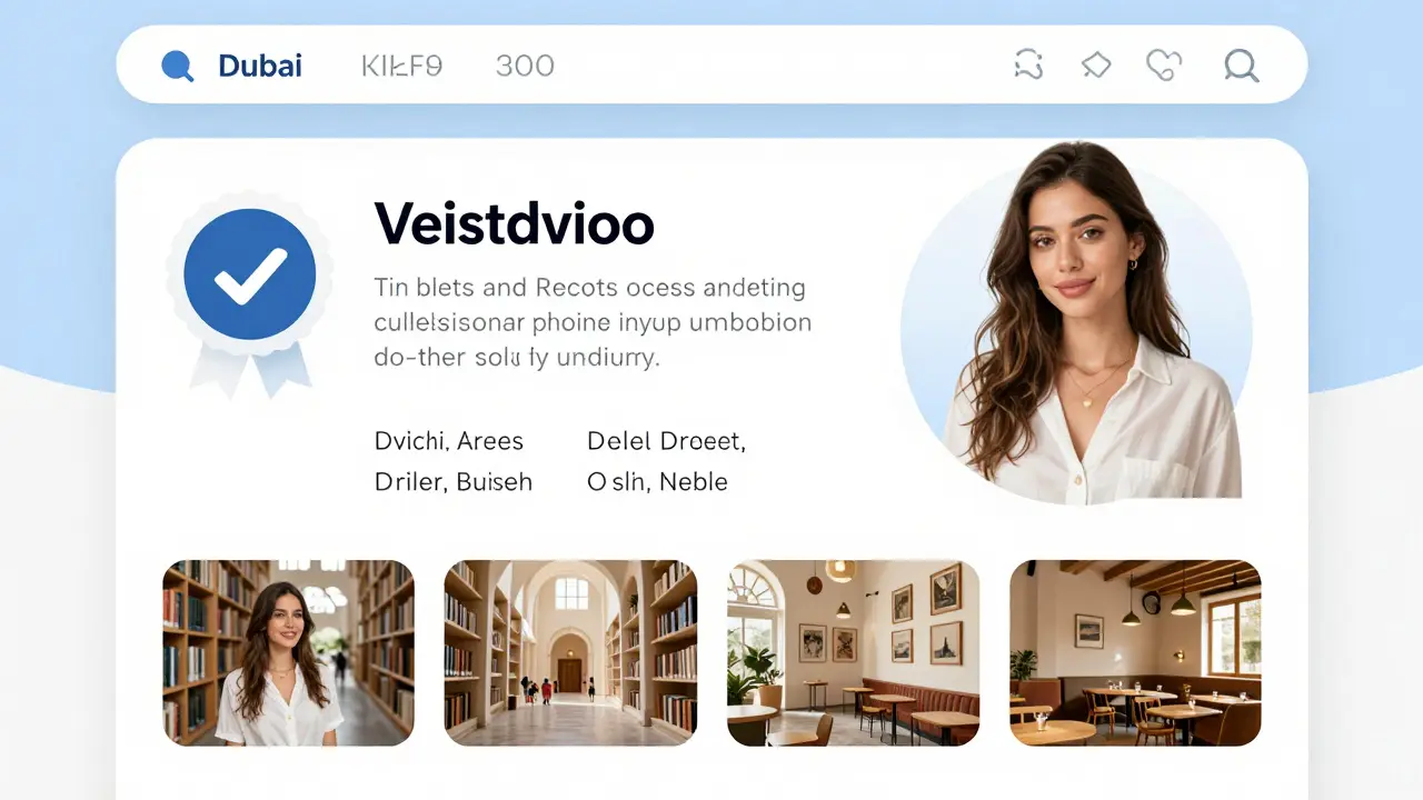 Verified escort profile on a Dubai companionship website with detailed bio and authentic photos.