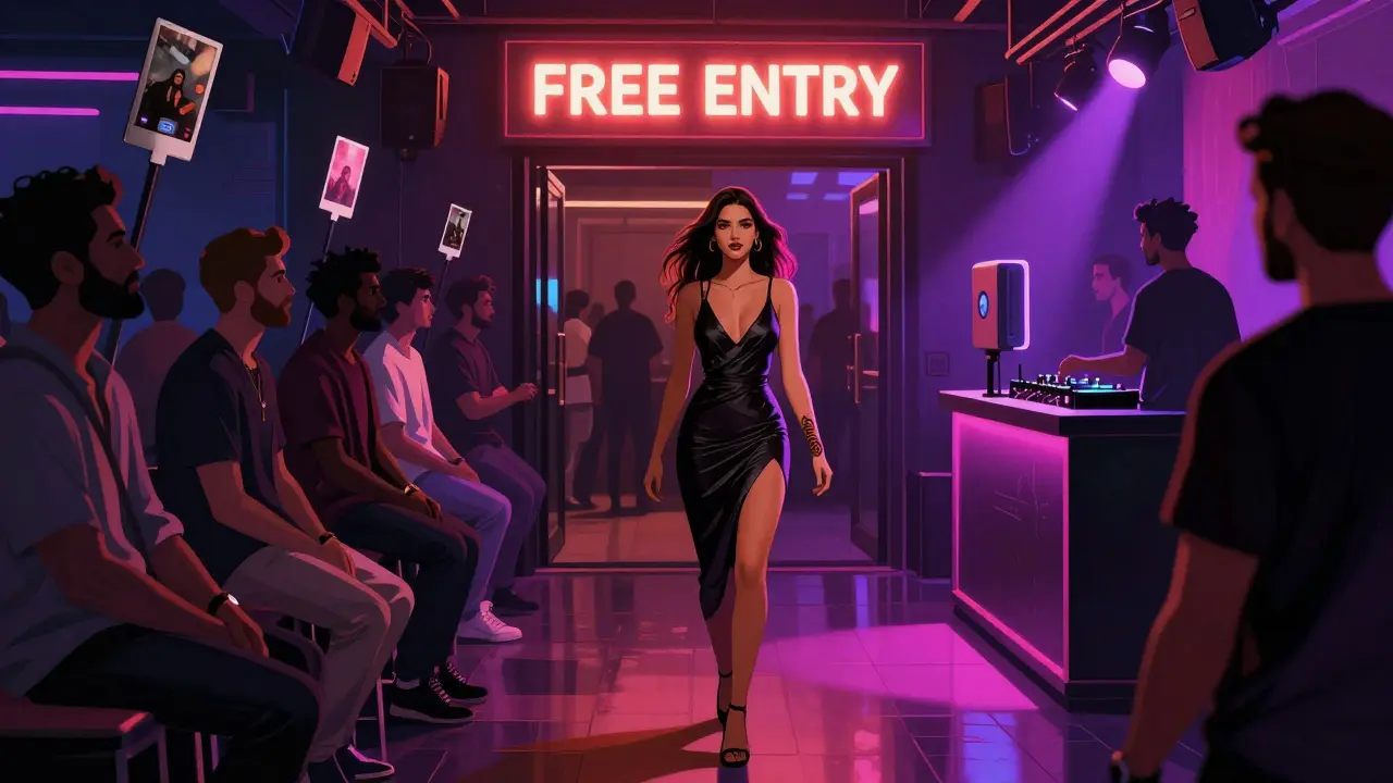 Woman entering a nightclub for free while men wait in line outside under neon signs.