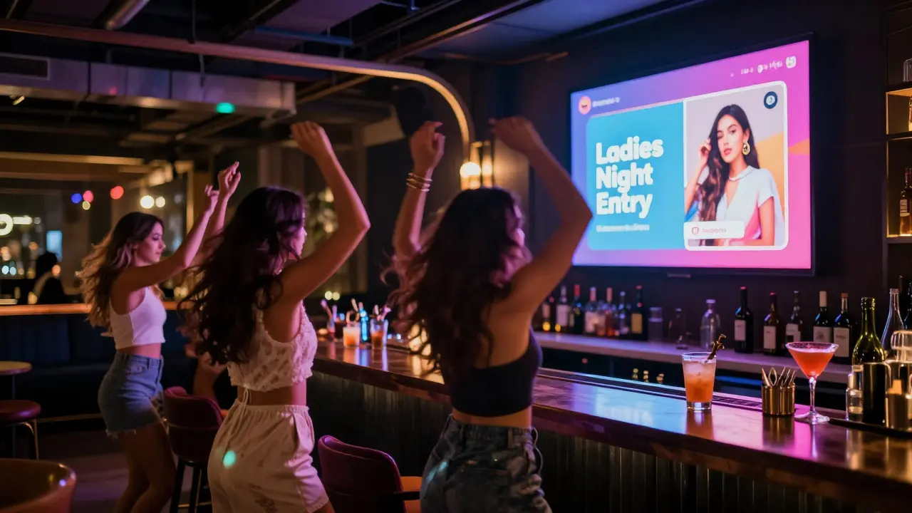 Women dancing in a vibrant Dubai lounge under colorful lights, with an Instagram story visible on a digital screen.