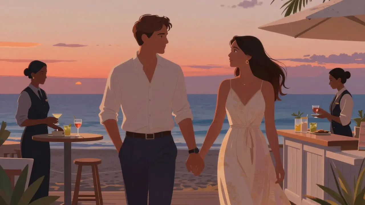 A couple holding hands calmly on a terrace at sunset, dressed appropriately for evening at a Dubai beach club.