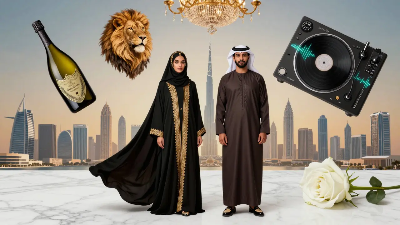 A fusion of Emirati elegance and luxury nightlife, with traditional attire against a backdrop of Cavalli Club’s iconic symbols.