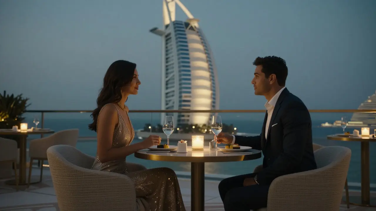 A model and client share an intimate dinner at a rooftop lounge with Burj Al Arab in the background.