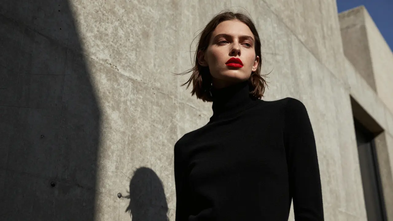 A model in a black turtleneck and bold red lip poses against industrial concrete walls with dramatic lighting.