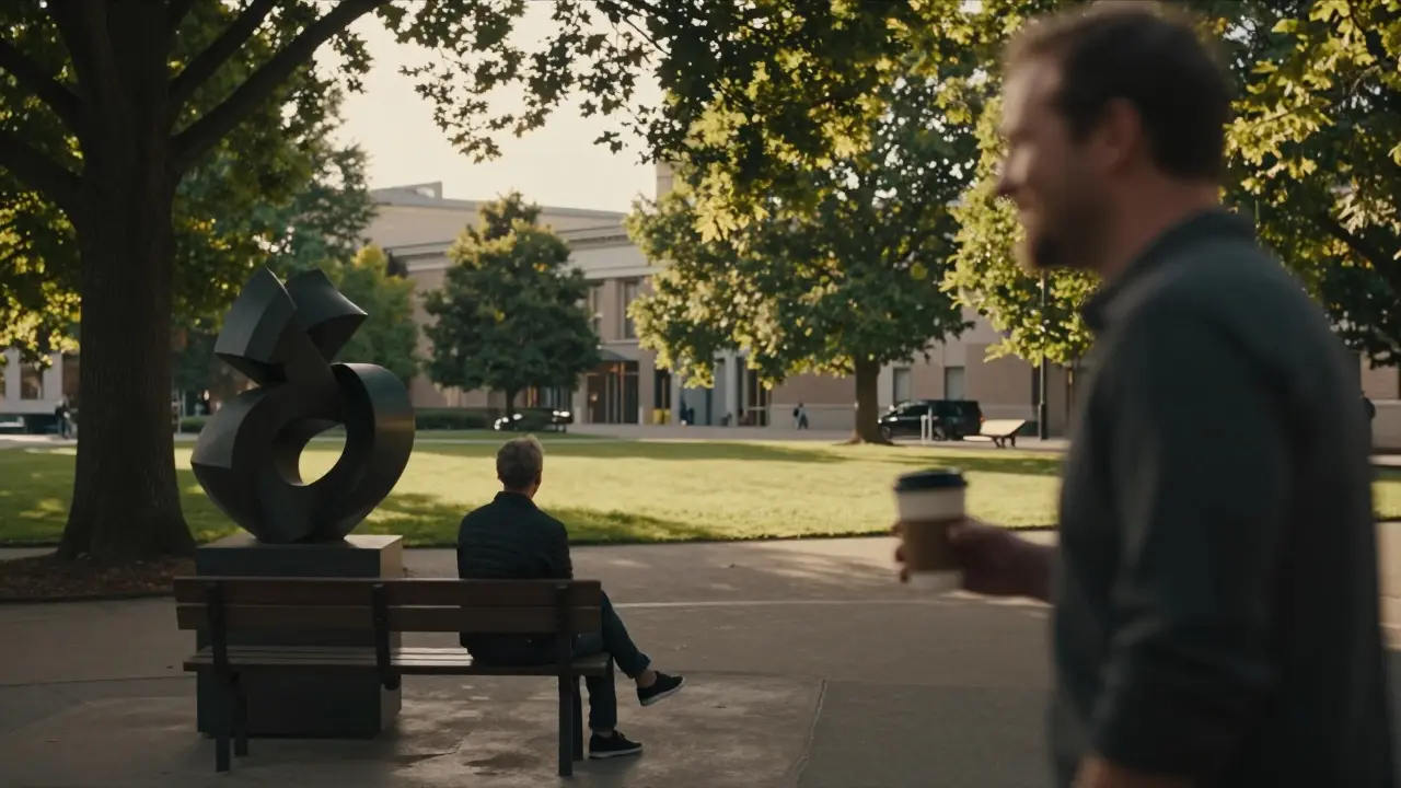A person sitting on a park bench at sunset beside a modern sculpture, another approaching with coffee.