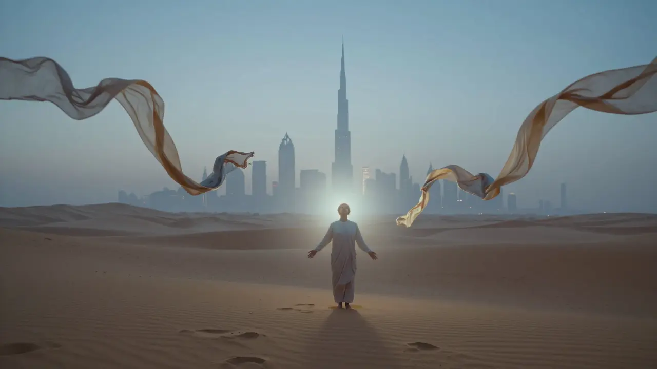 A solitary figure in a desert at dawn, surrounded by dissolving silk scarves, with Dubai's skyline faintly visible in the distance.