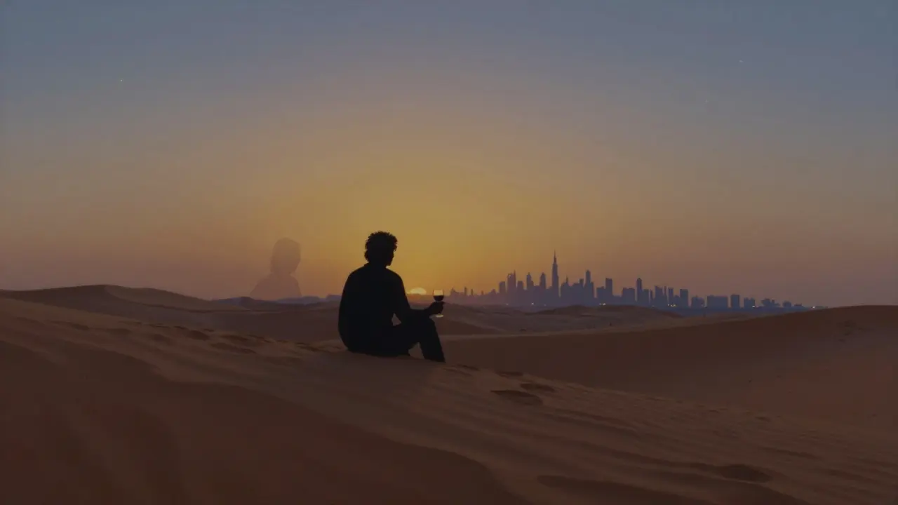 A solitary figure sits on a desert dune at sunset, with a faint companion nearby and Dubai’s skyline glowing far away.