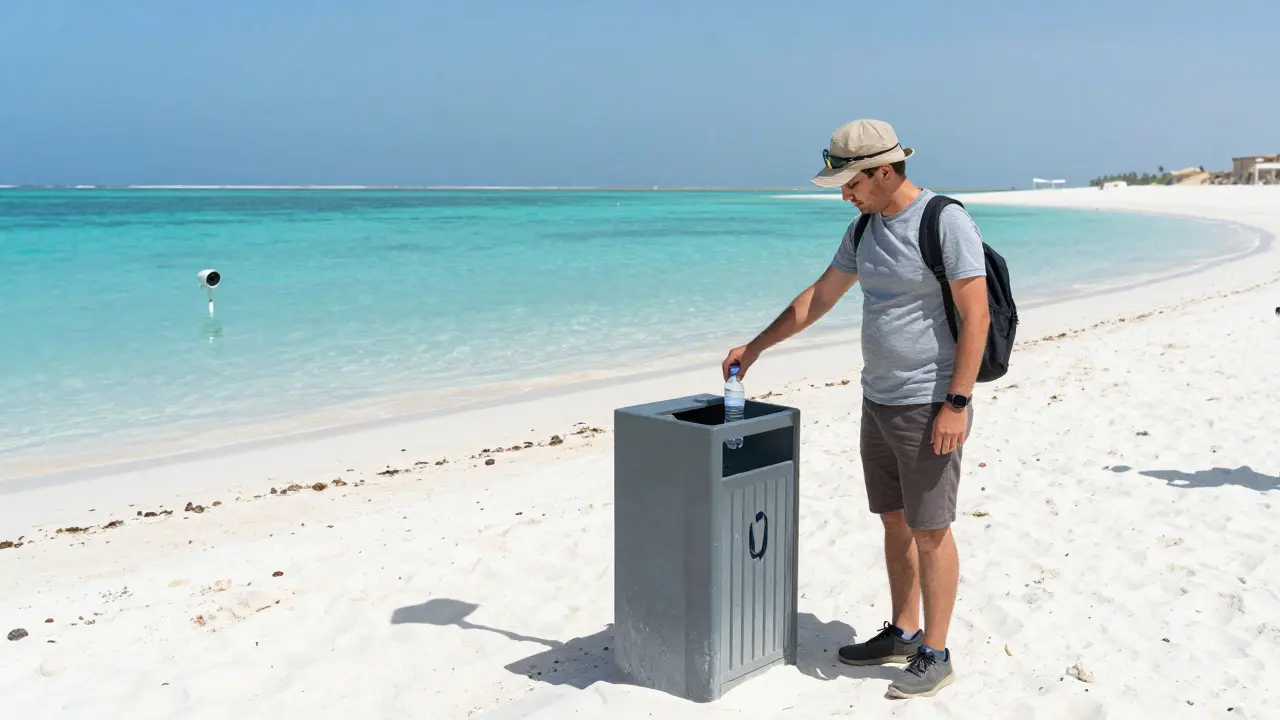 A tourist disposing of a bottle in a bin at a Dubai beach club, with calm ocean and security camera in view.