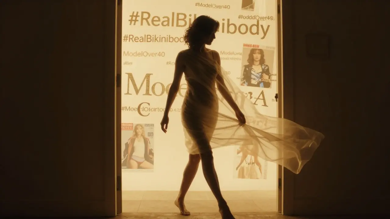 A woman steps from shadow into light, silhouetted against glowing hashtags, symbolizing empowerment and self-acceptance.