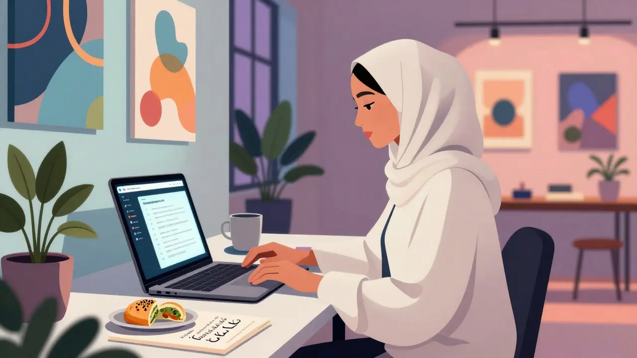 A woman working at a co-working space in Alserkal Avenue with digital art and cultural objects around her.