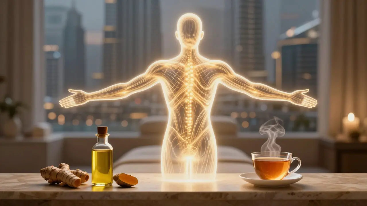 Abstract glowing human form floating above a spa table, symbolizing released stress and renewal.