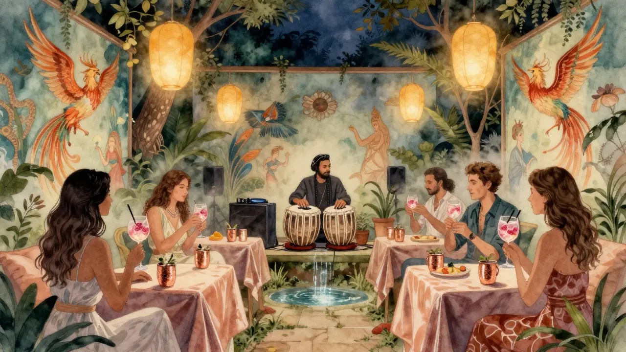 An intimate garden alcove with guests sipping cocktails, live music, and hand-painted murals in soft watercolor tones.