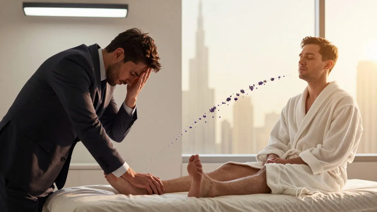 Before and after transformation of a stressed individual finding peace through massage in Dubai.