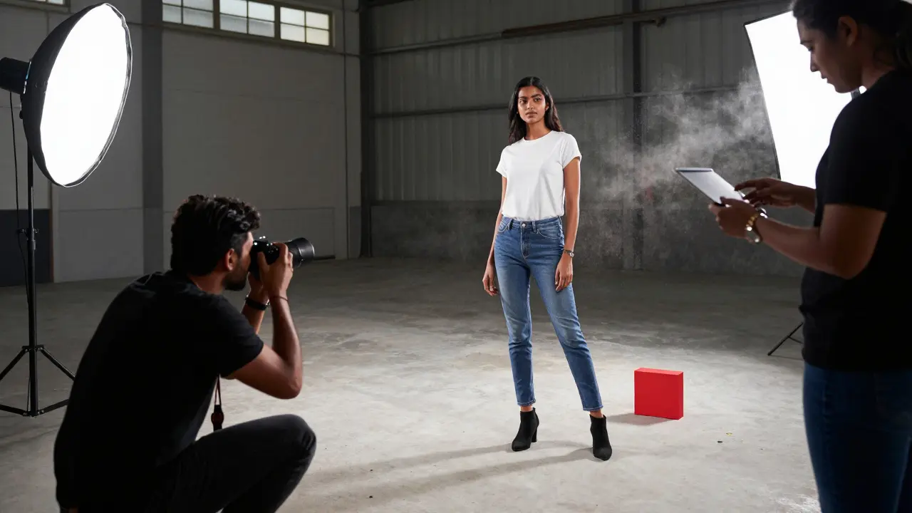 Commercial photoshoot in a warehouse with a model posing naturally under studio lights, no styling crew present.