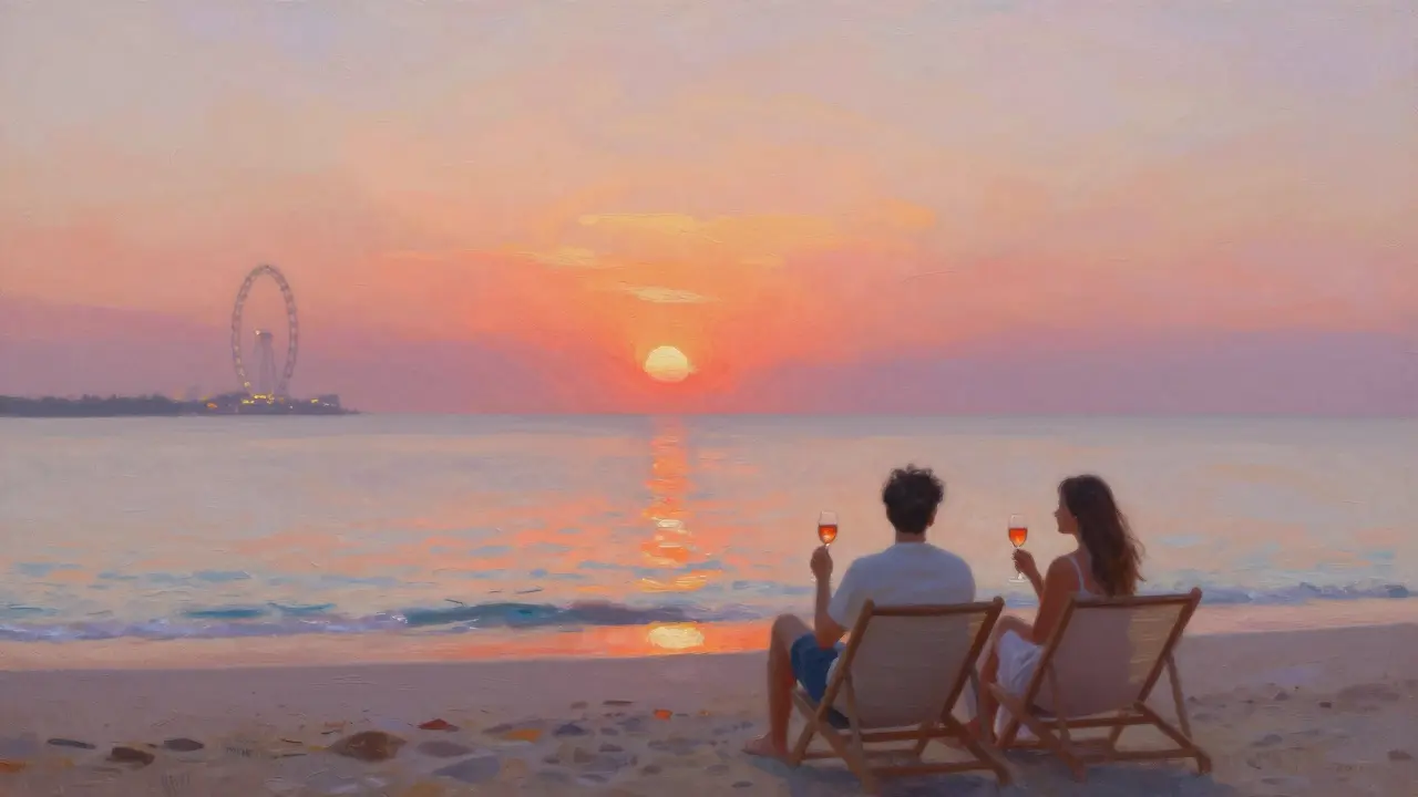 Couples relaxing at sunset on a quiet Dubai beach, sipping drinks as the Ain Dubai wheel glows softly in the distance.