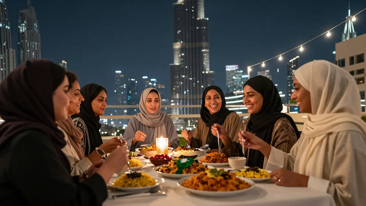 Diverse group of women sharing a multicultural meal on a Dubai rooftop under string lights and city lights.