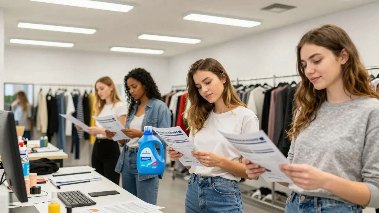 Diverse models in casual clothes pose with everyday products in a cluttered commercial photo studio.
