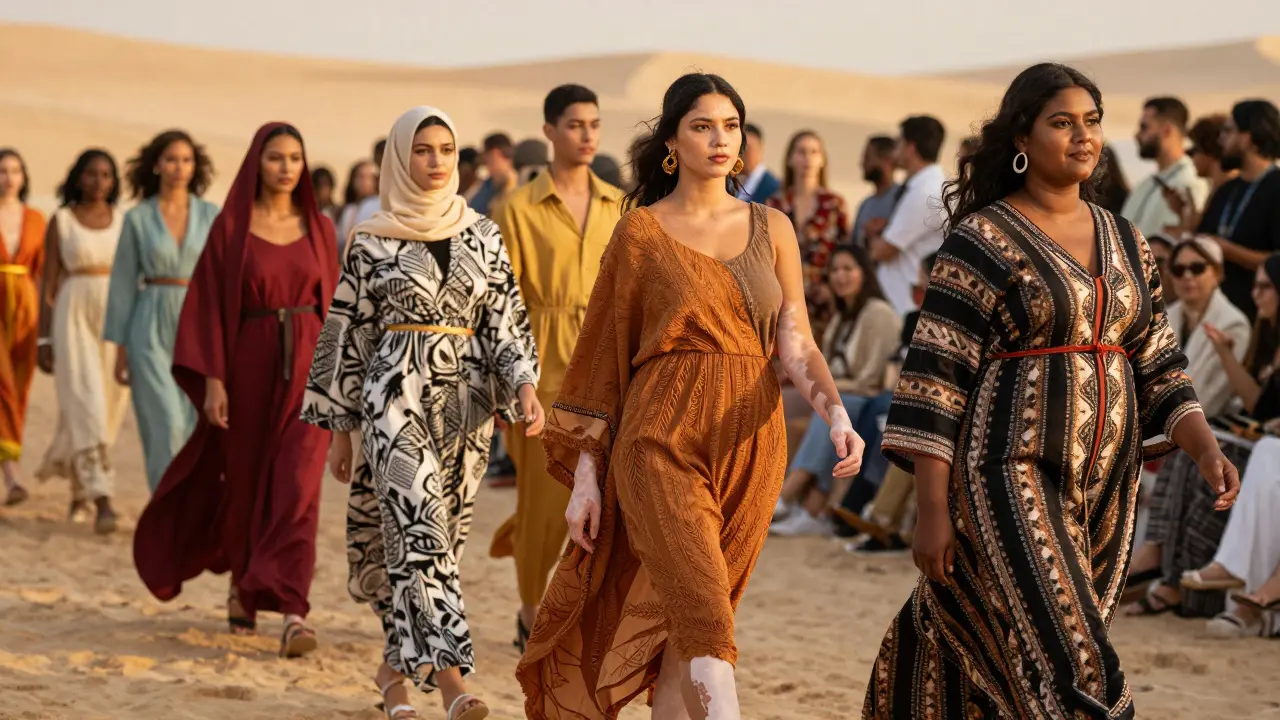 Diverse models walking a Dubai runway at golden hour, celebrating body positivity and cultural representation.