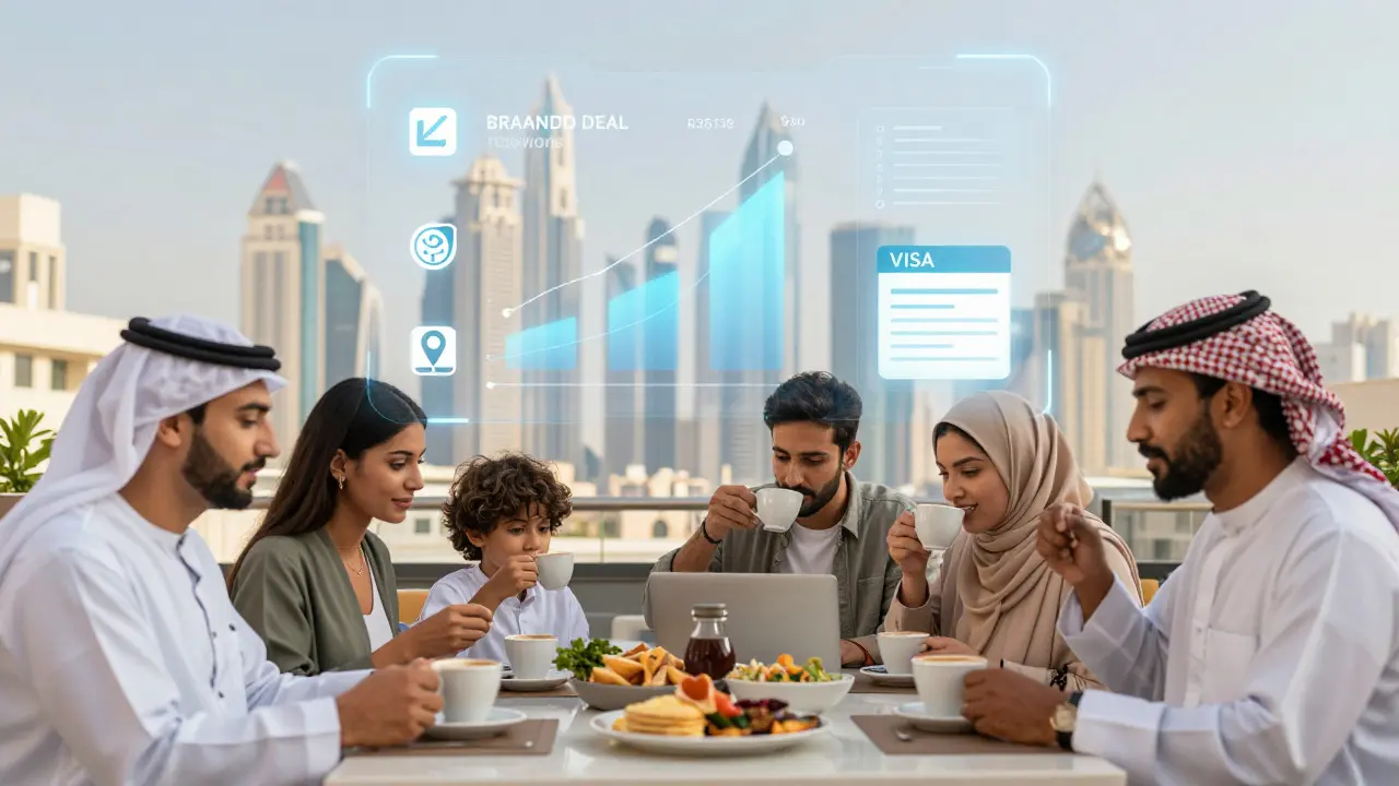 Dubai skyline with digital overlay of brand deals and visas, real influencers collaborating at a rooftop café.