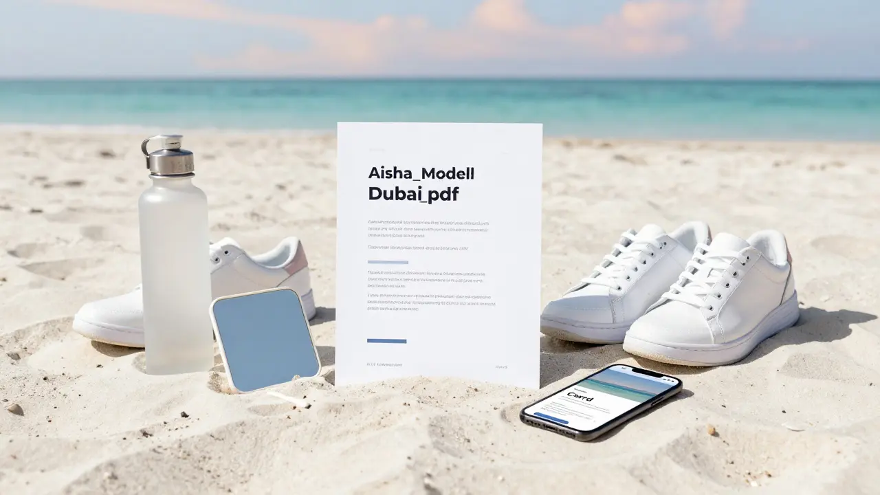 Flat-lay of a model's portfolio PDF, sneakers, mirror, and phone on beach sand with ocean in the distance.