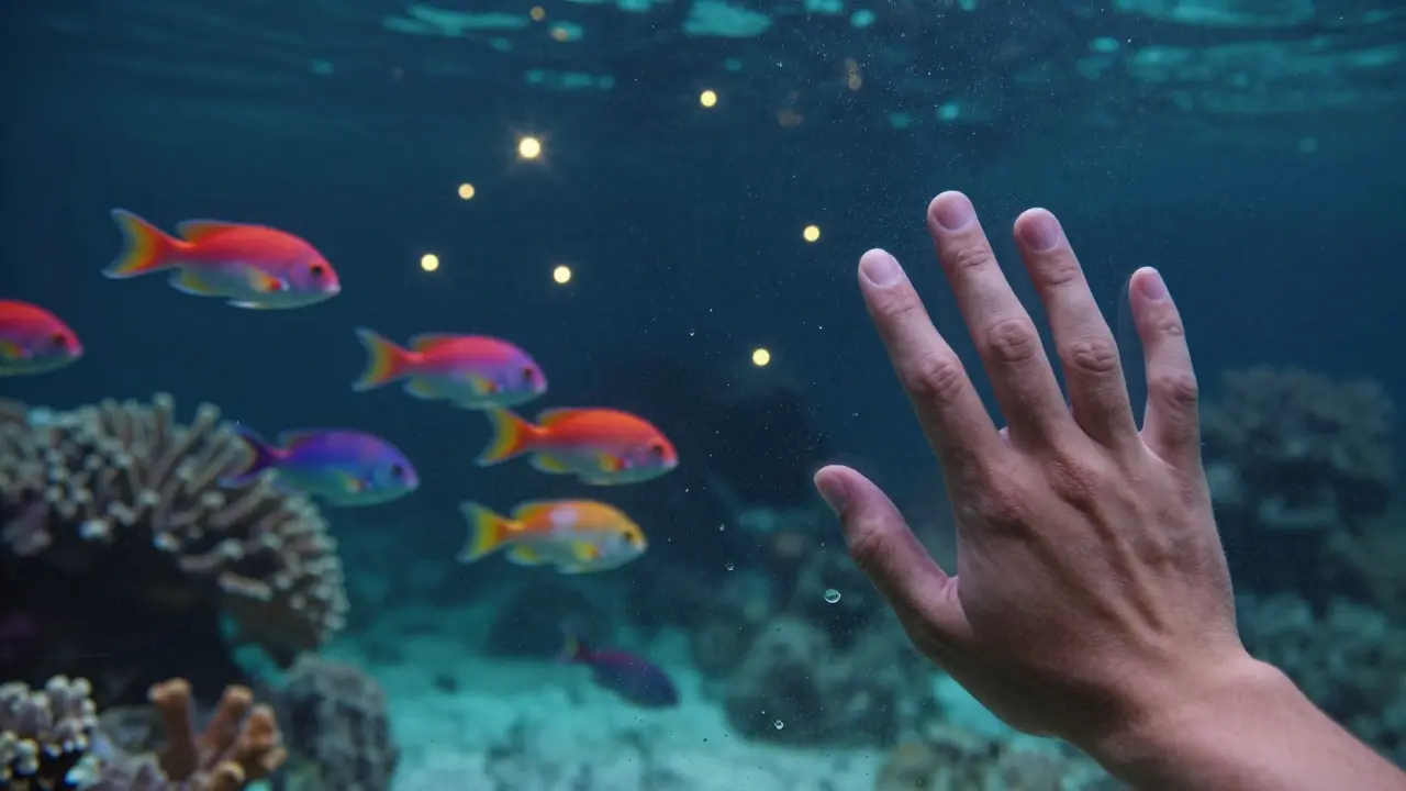 Hand on glass wall with parrotfish swimming in rhythm, glowing coral lights in the dark water.