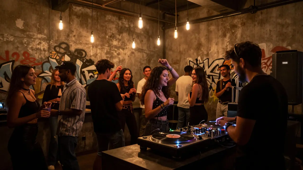 Industrial underground club with exposed concrete, vinyl DJ, and diverse crowd dancing under warm hanging bulbs.