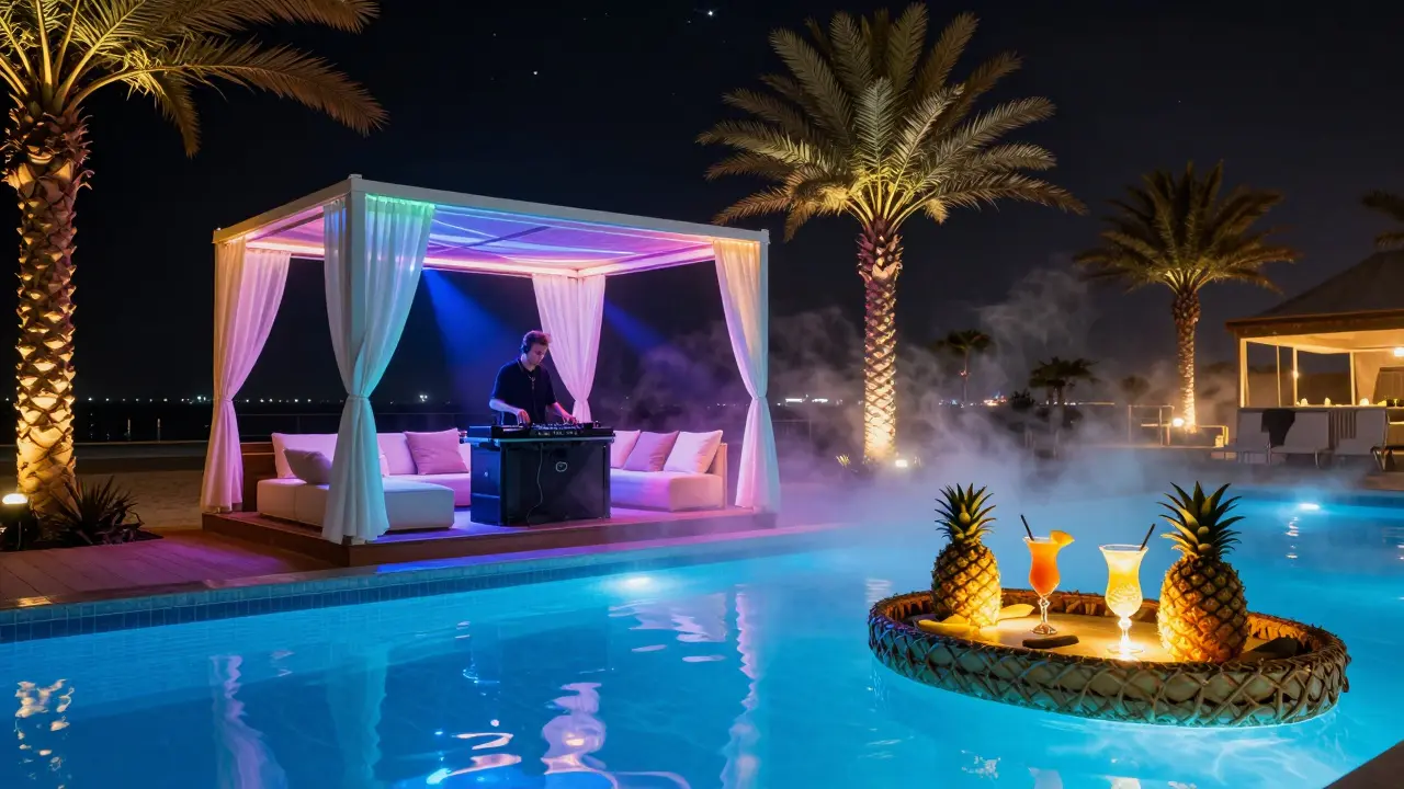 Luxurious VIP cabana with LED lights and floating bar at a Dubai beach club, DJ spinning under glowing palm trees.