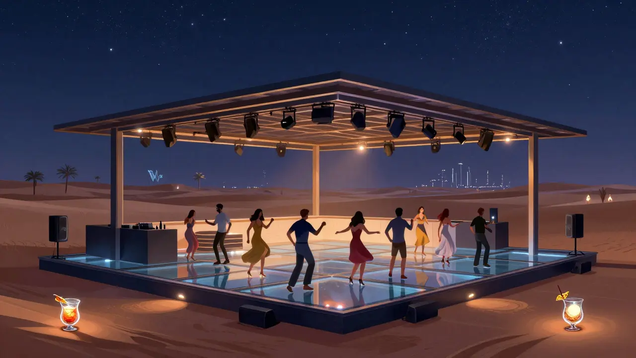 Luxury club under open starry sky with guests dancing on glowing glass floor and desert skyline in distance.