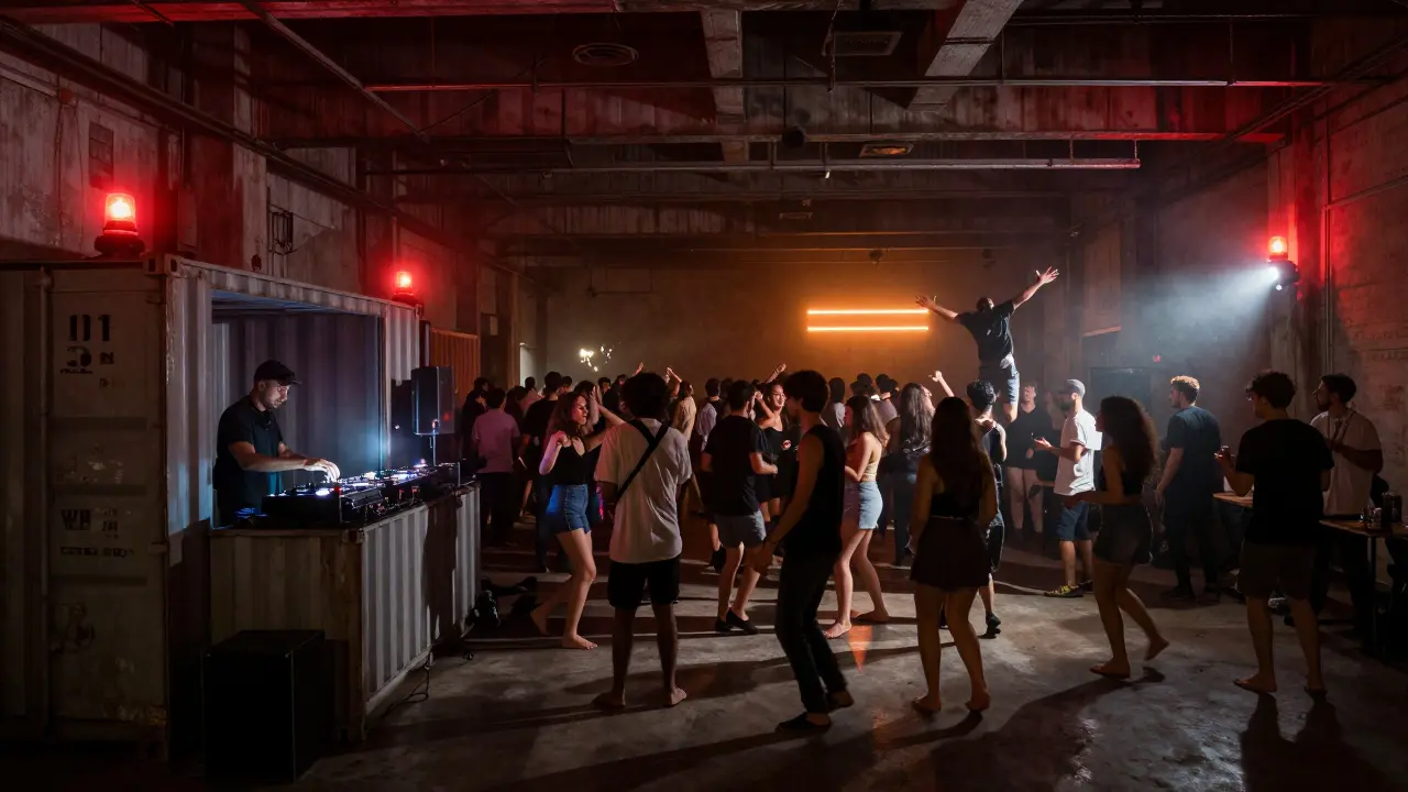 Raw underground warehouse party with dancers on concrete, DJ in shipping container booth, dim red lighting.