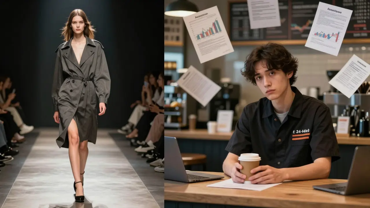 Split image of a model in runway attire and the same person working as a barista, showing the dual reality of modeling.