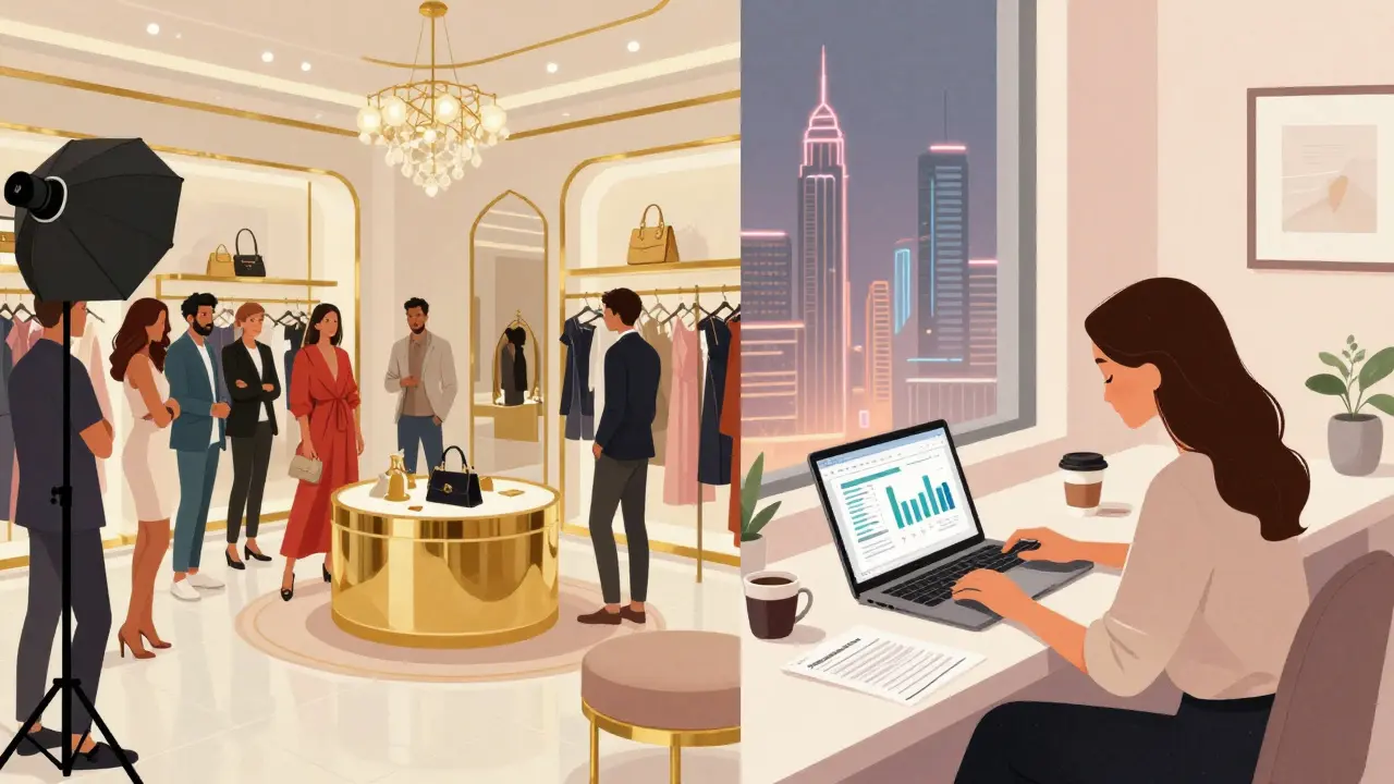 Split scene: influencer shooting a luxury photoshoot vs. working on analytics in a quiet office.