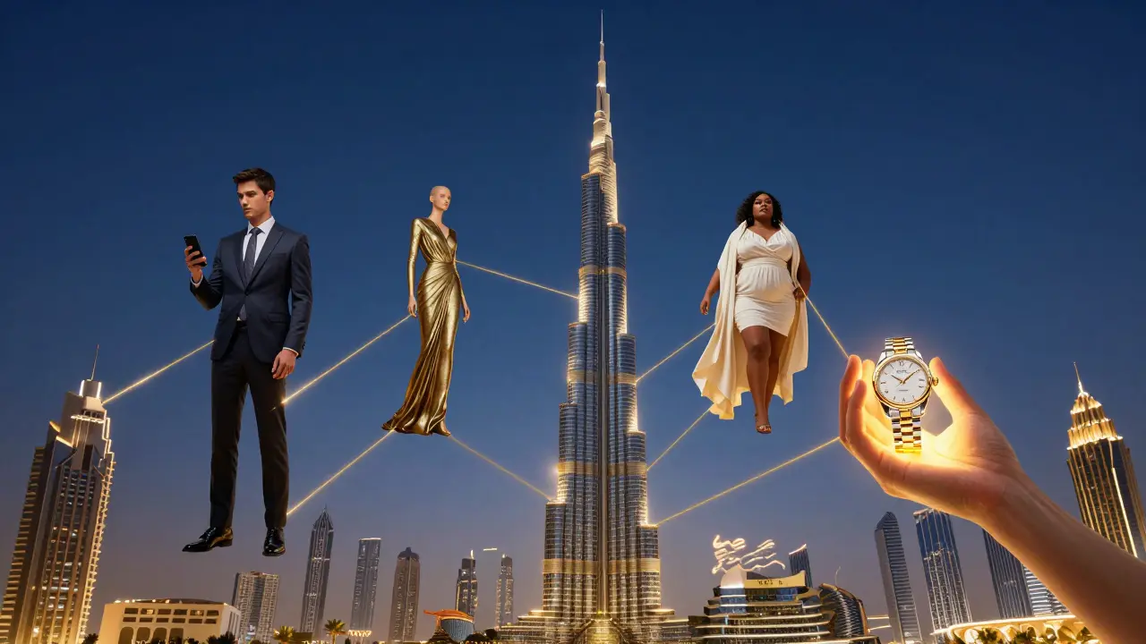 Surreal illustration of four model types floating in Dubai skyline connected by golden threads, symbolizing industry diversity.