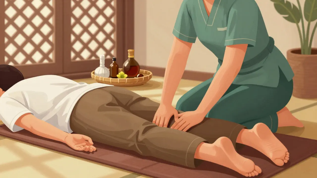 Thai massage therapist using body pressure to stretch a client on a low mat in a sunlit studio.