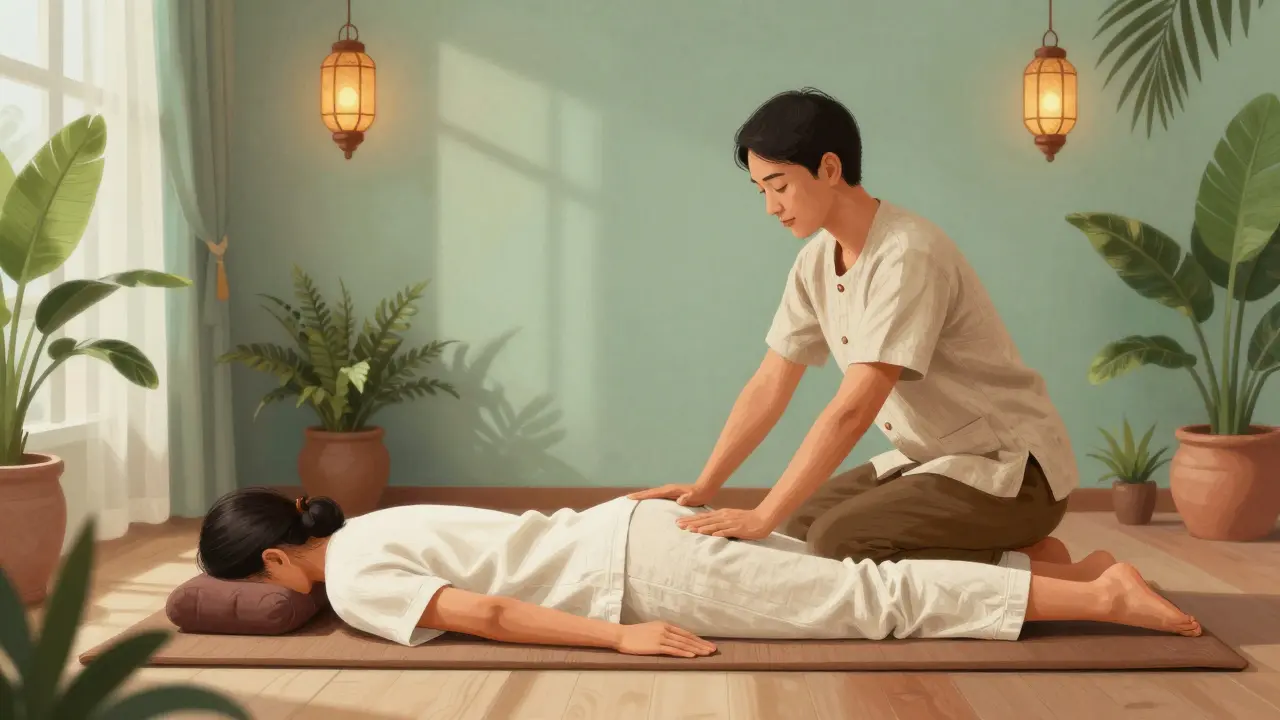 Therapist performing a Thai massage on a client in a tranquil Jumeirah spa setting.