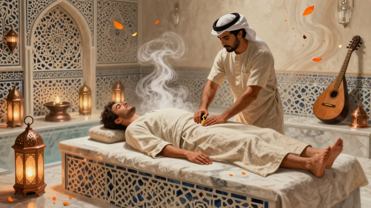 Traditional Arabian Hammam massage with steam, oils, and ornate tilework in a serene spa setting.