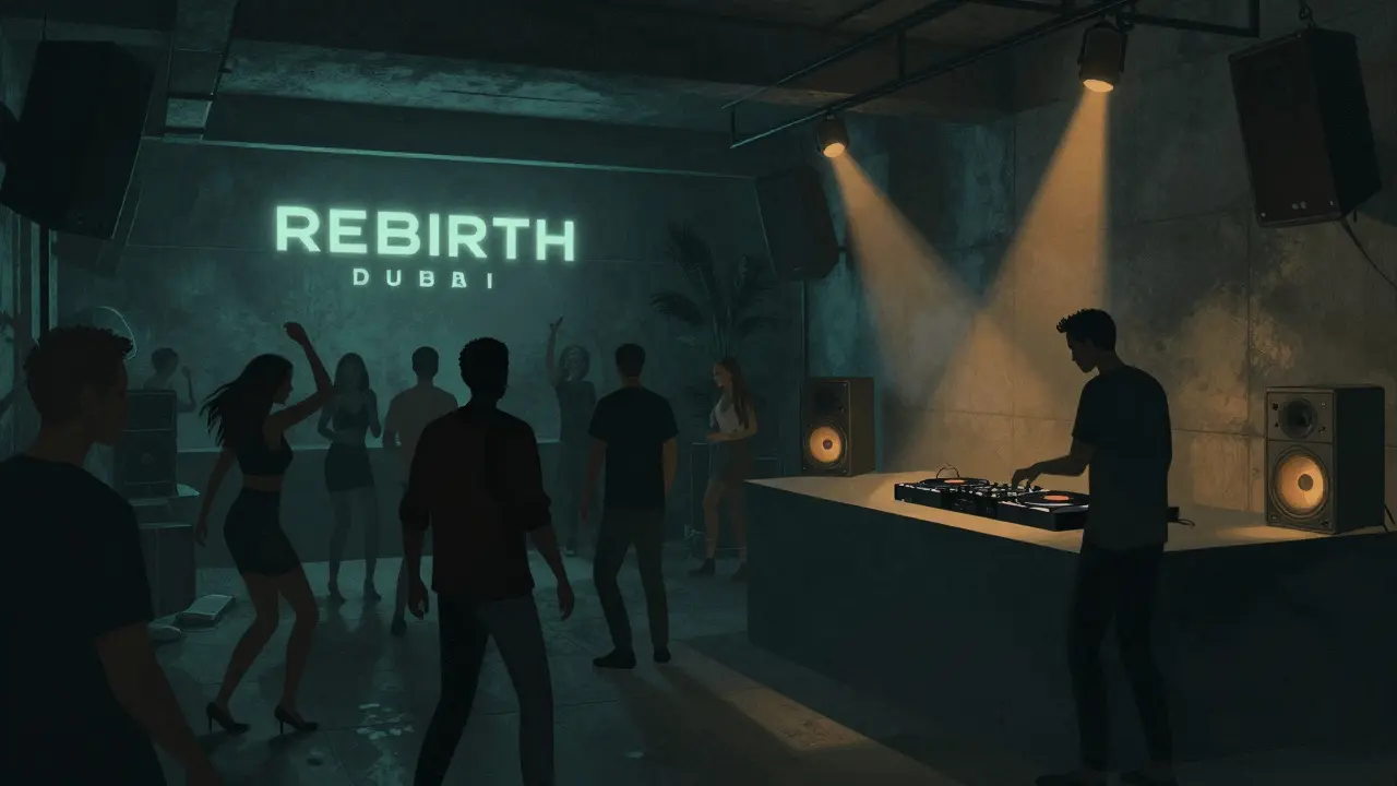 Underground club with strobe lights and diverse crowd dancing in dim, industrial space.