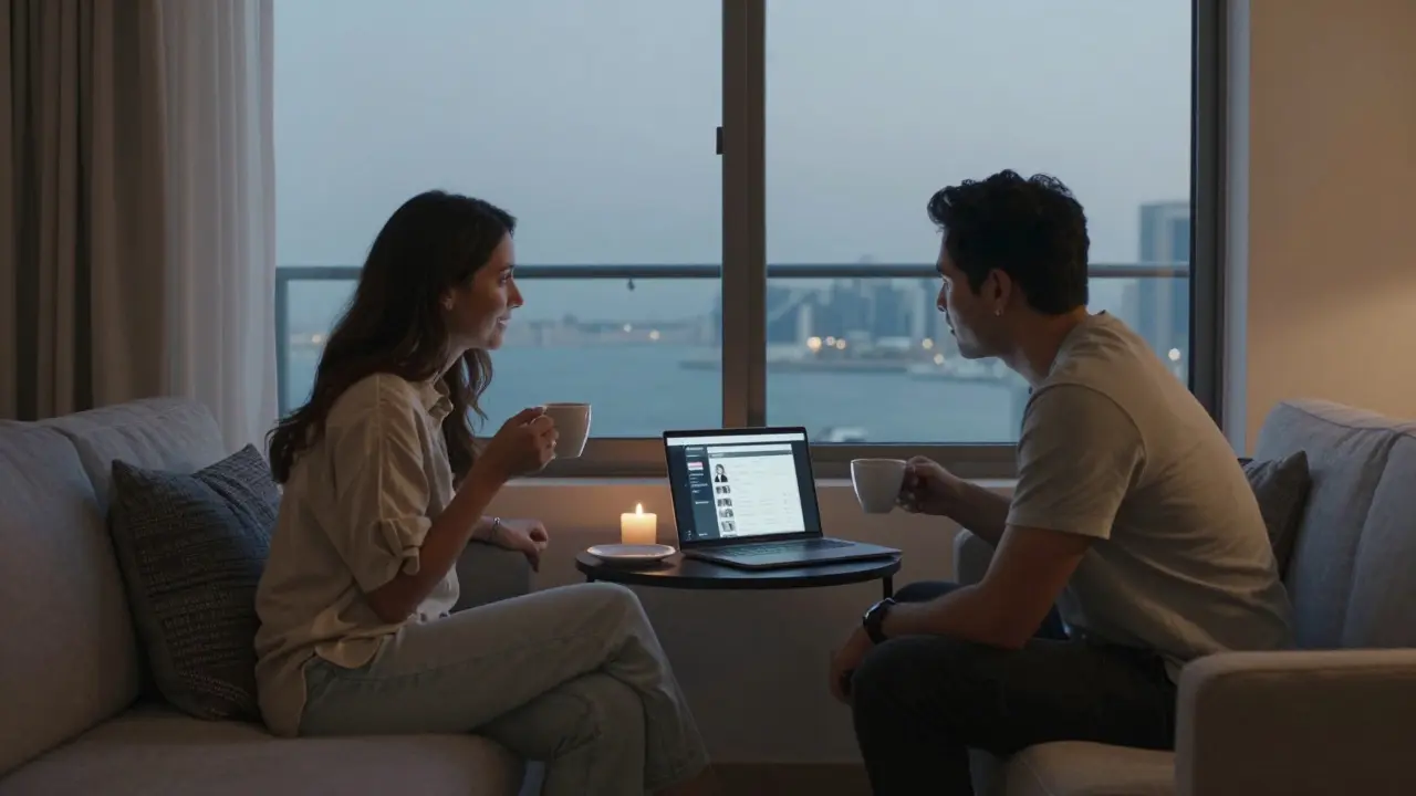 A couple in a Dubai Marina apartment having a calm conversation over coffee, no physical contact.