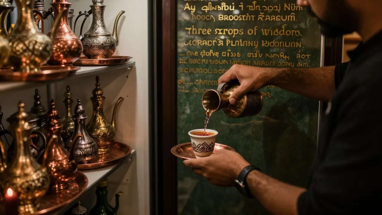A cozy underground lounge with Arabic coffee pots and a bartender pouring a traditional Emirati-inspired drink.